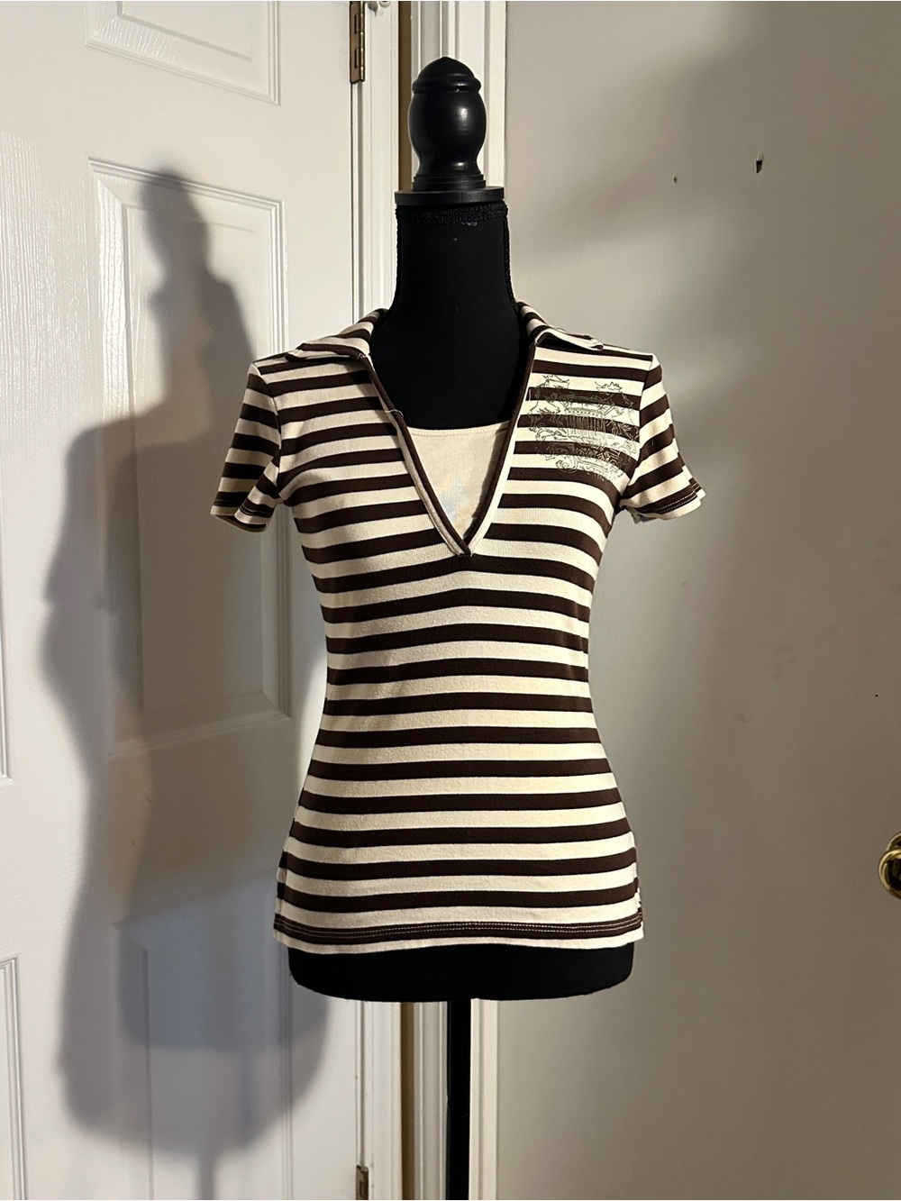 Style & Co. Brown and Cream Striped V-Neck Short Sleeve Top